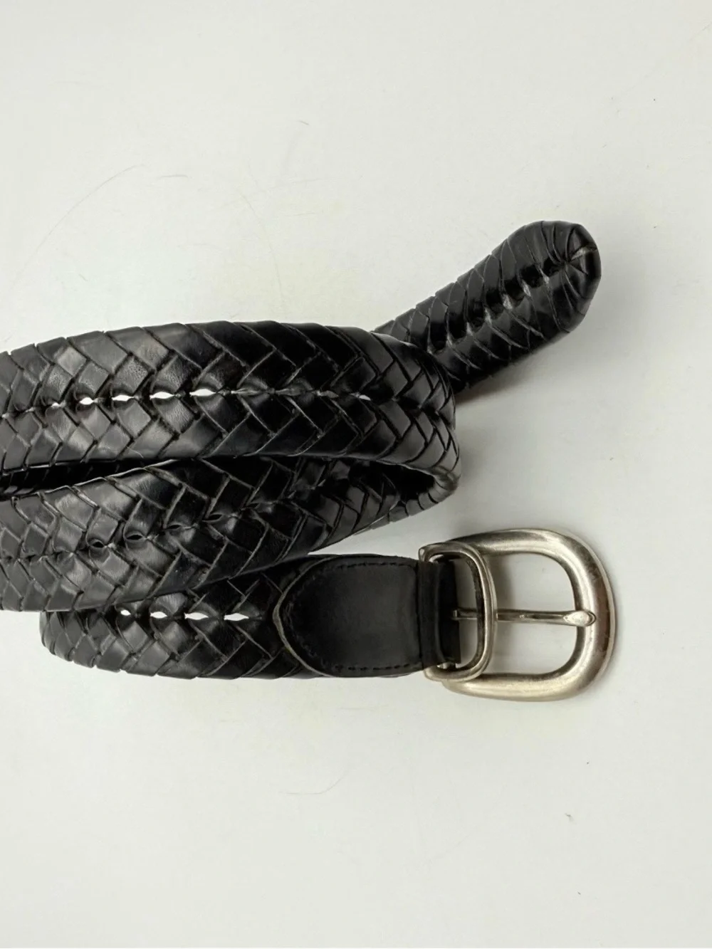 Coach Braided Woven Black Leather Solid Brass Buckle Belt Size 34